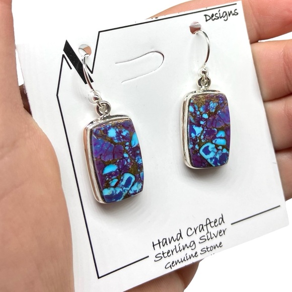 Purple Copper Kingman Turquoise Earrings Solid 925 Sterling Silver Jewelry Boho - Picture 3 of 6